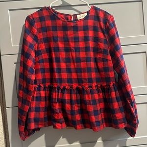 Universal threads red and navy checkered long sleeve peplum top.worn once.sz S